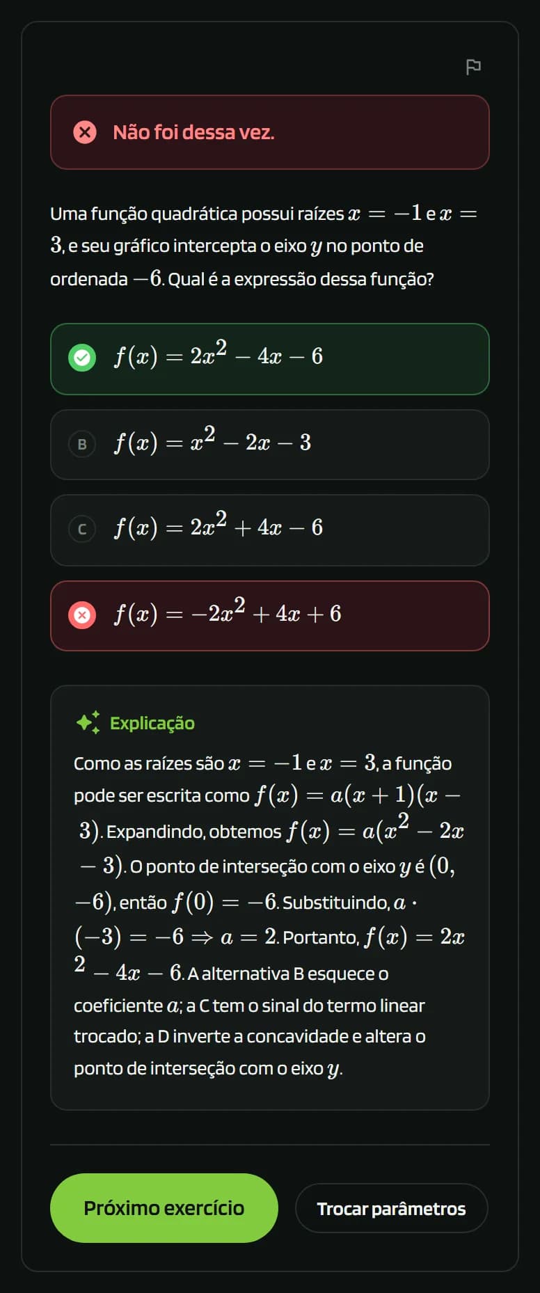 Tela do Estudador: a correção explica o erro, não só aponta